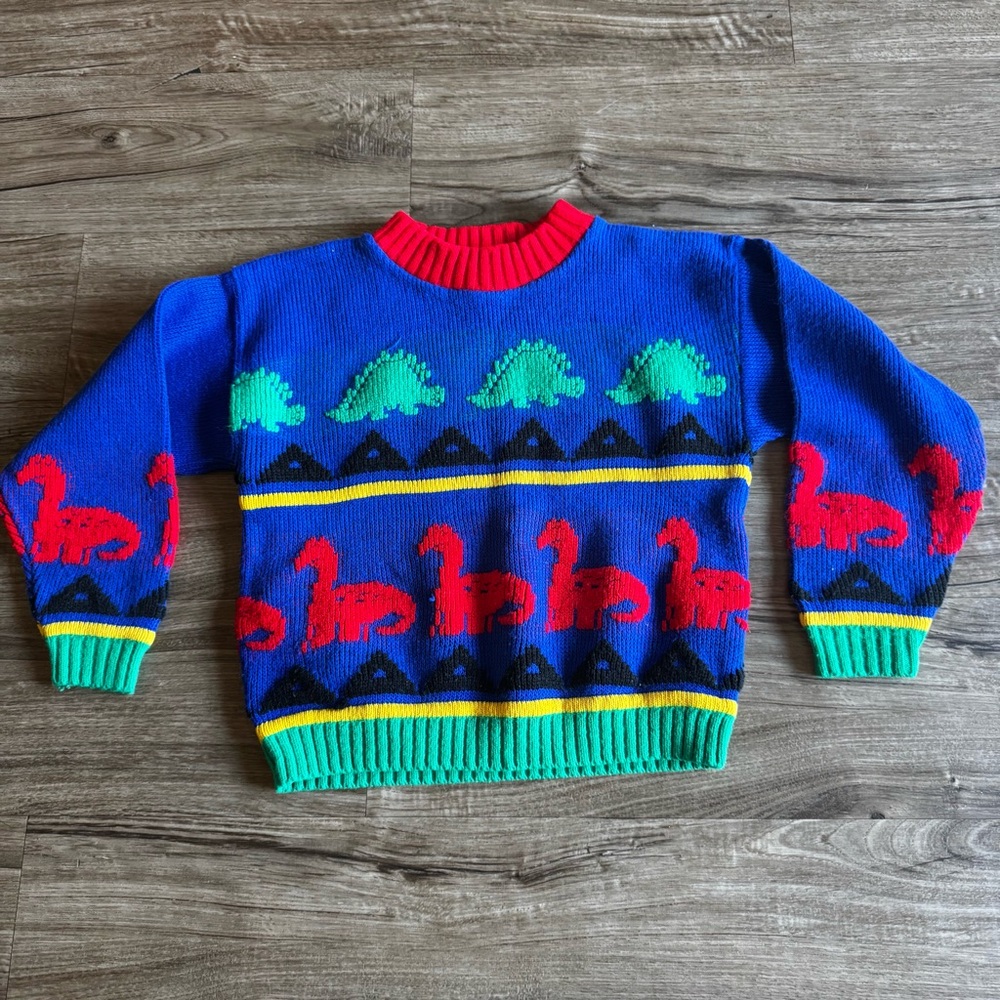 Vtg Bright Blue Dinosaur Knit Sweater with Red & Green Accents boys 4T